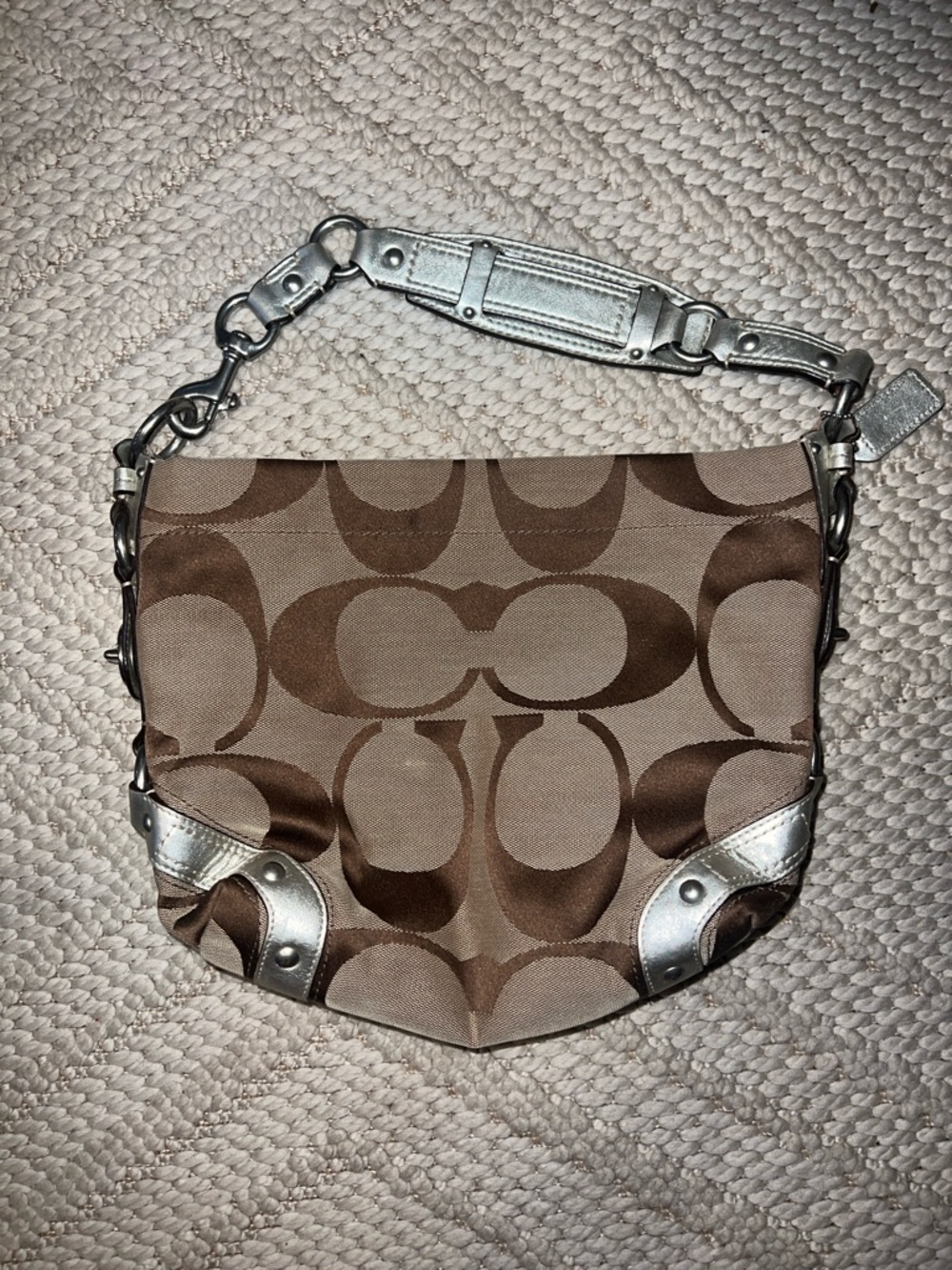 COACH brown  Signature Canvas Shoulder Bag with Silver Trim